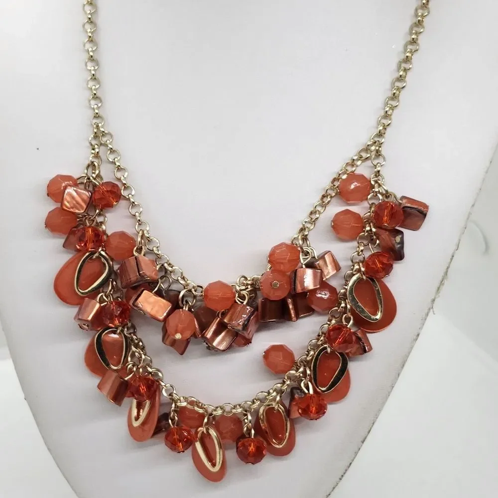 Orange Bead And Shell Double‎ Strand Bib Necklace